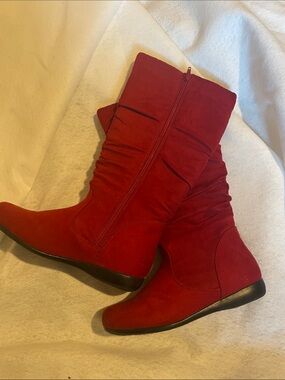 Hot Tomato Red Mid-Calf Ruched Wedge Boots